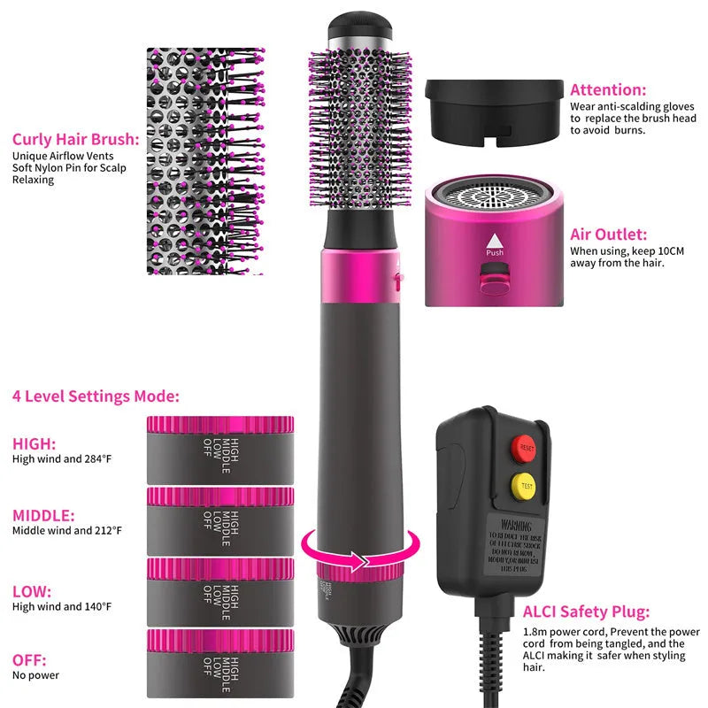 Dyson grey 5 in 1 hair dryer brush styling tool with multiple brush attachments on white background