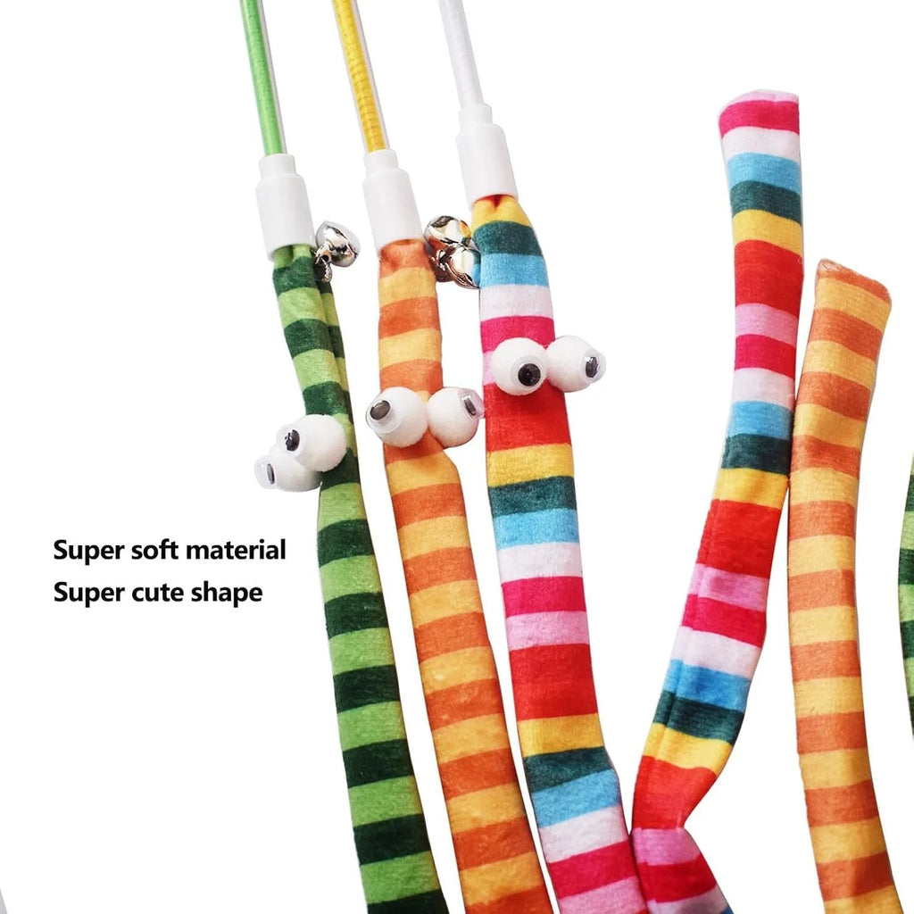 Green cat wand toy with long plush strip on a polycarbonate pole