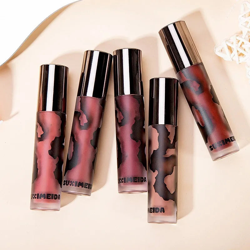 Lava Secret Matte Lip Mud Lipstick in shades orange brown coffee, cool grey, cinnamon coffee, jujube red, and smoked purple.