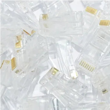 White RJ45 network modular plug with gold-plated three-fork contacts in bulk packaging