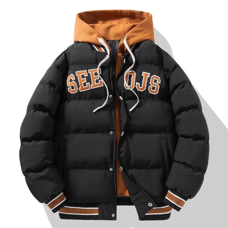 Fashion letter hooded winter coat in solid colour with zipper for men and teenagers
