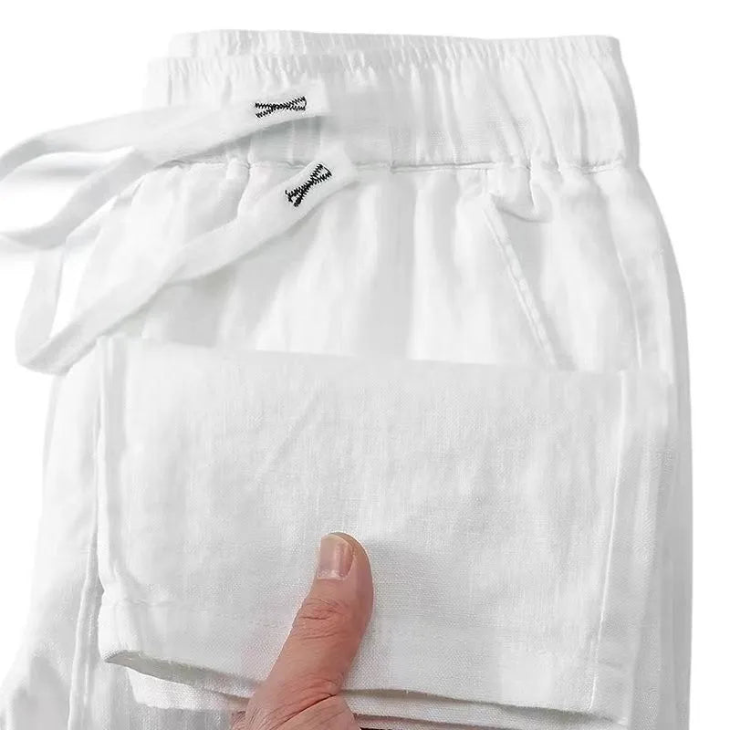 Pure linen Chinese style trousers with elastic drawstring waist in straight leg cut