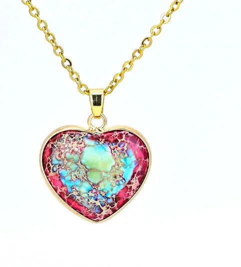 Natural stone heart-shaped pendant necklace in red and blue colours