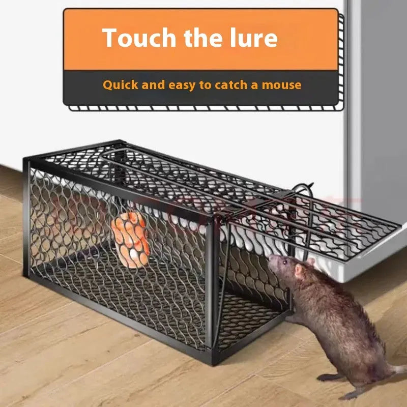Automatic mouse trap cage in small, medium, and large sizes with metal and plastic construction