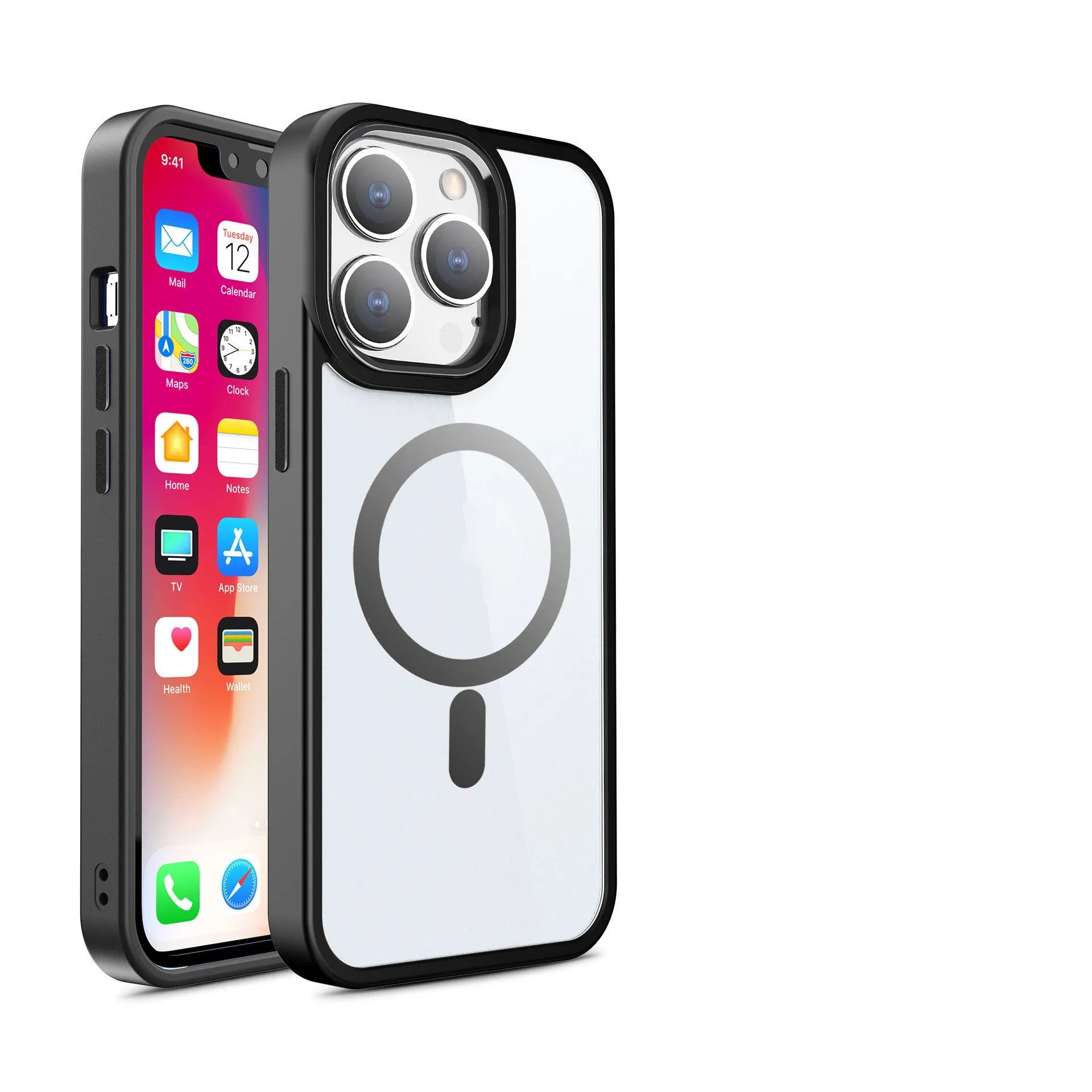 Magnetic transparent silicone phone case for iPhone in solid colours like black, blue, green, pink, and red.
