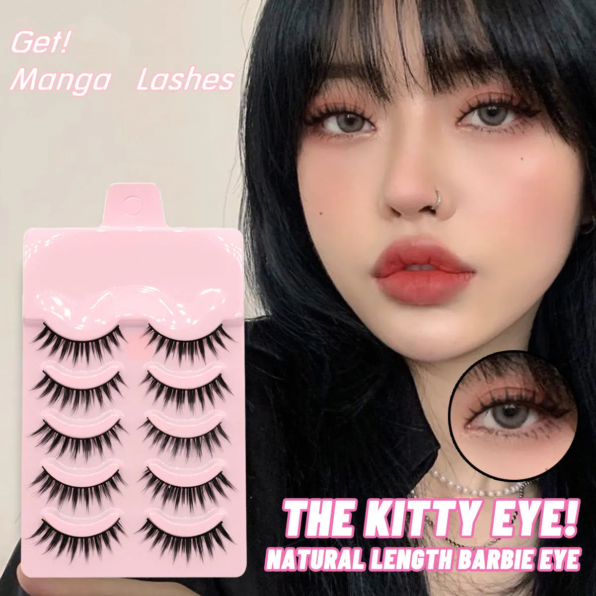 Set of 5 pairs natural wispy false eyelashes with black plastic base for Korean makeup and cosplay.