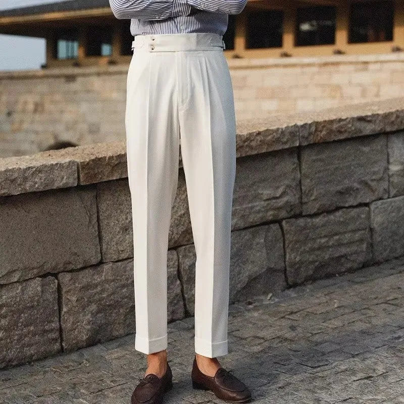 Men's slim fit straight leg suit trousers in black, white, or apricot colour.