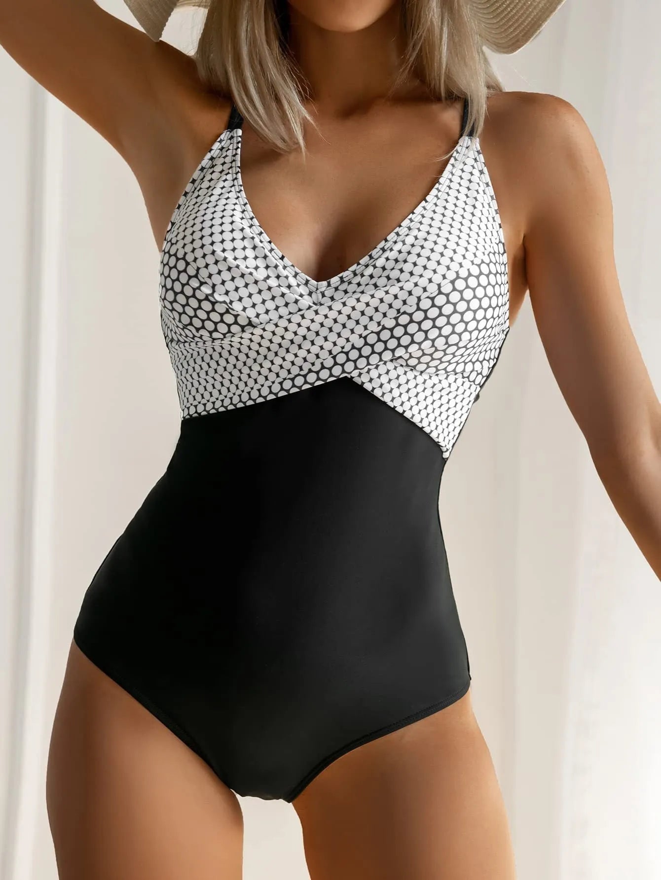 Printed split backless bikini swimsuit with lace-up gather detail in polyester fabric showing floral pattern