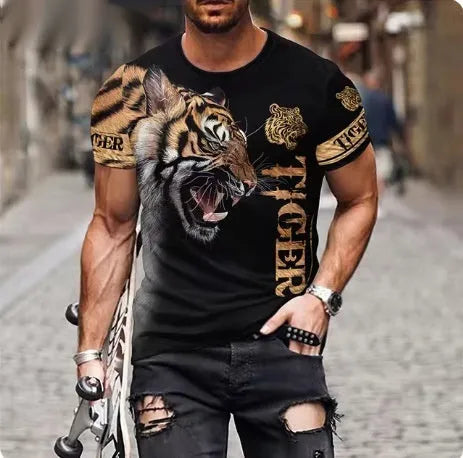 Men's black t-shirt with a fierce 3D lion graphic print on the front.