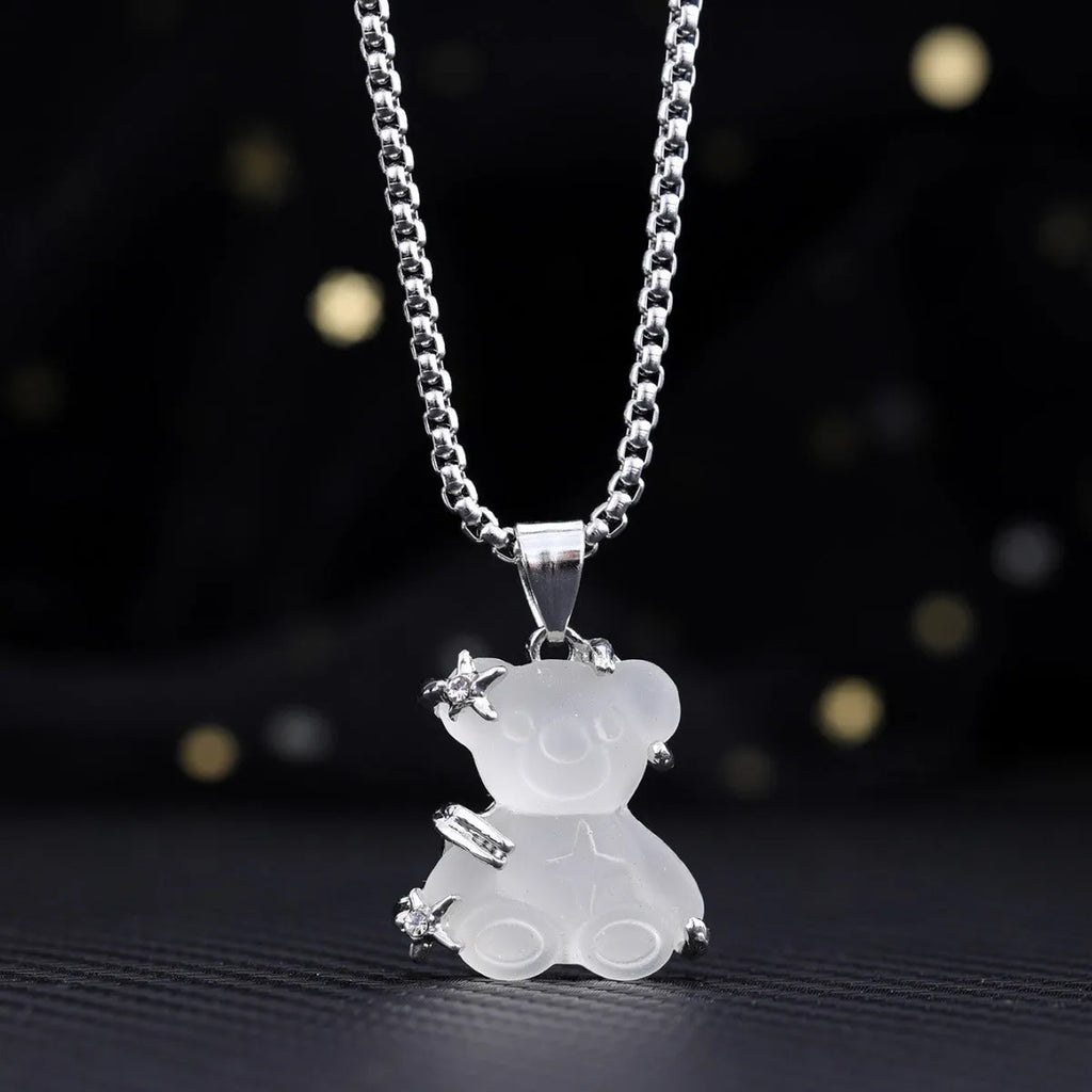 White K-color alloy bear pendant on titanium steel lock chain necklace