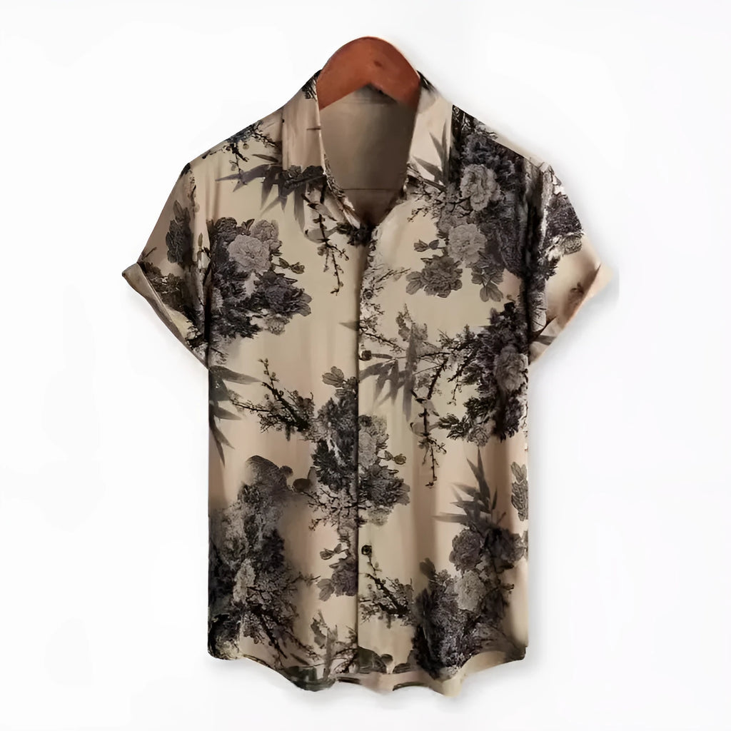 Hawaiian print short sleeve shirt with lapel collar and floral pattern in multiple colour options