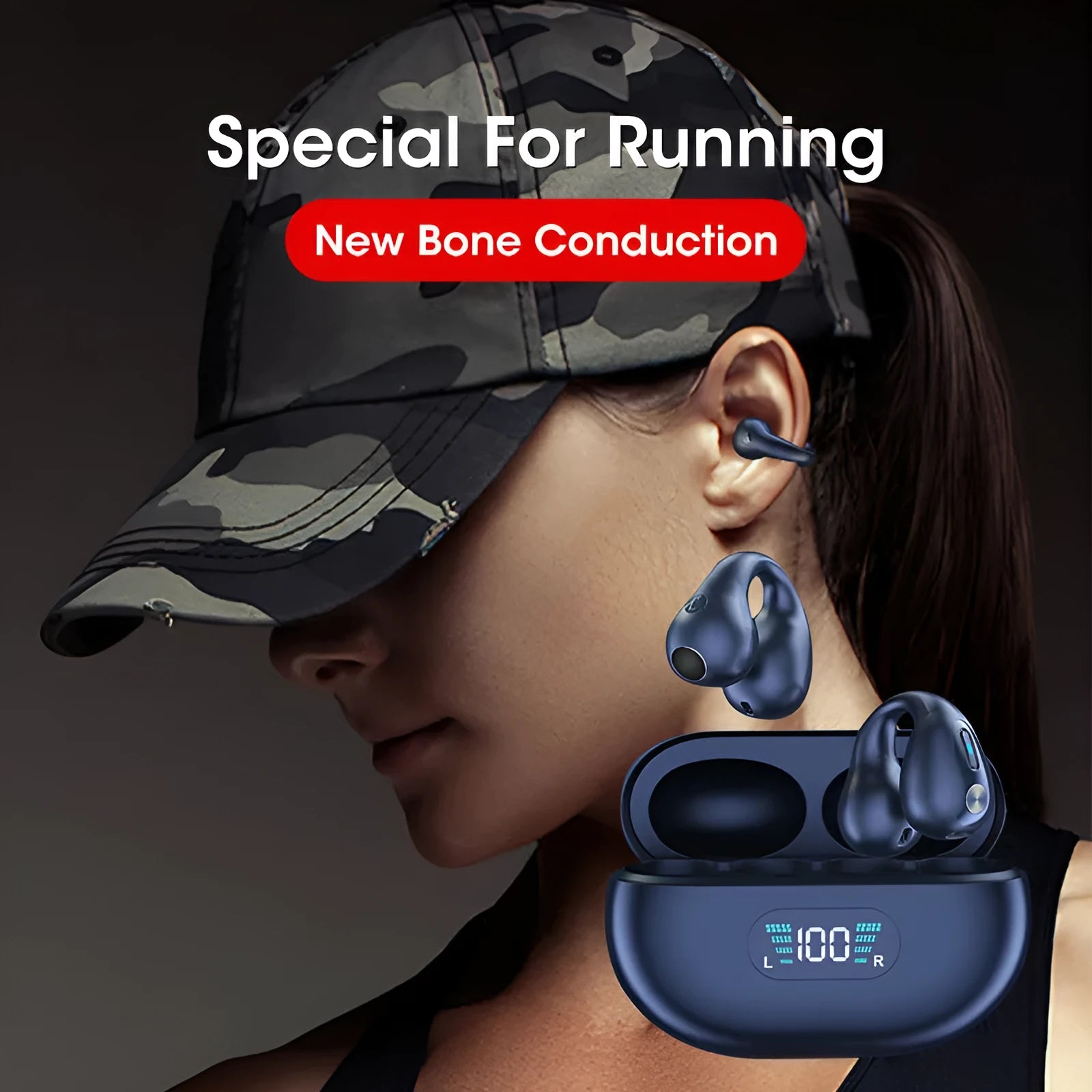 Black bone conduction Bluetooth headset clip worn on ear, showing ear clip design and bilateral speakers.