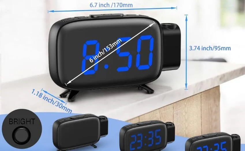 Multifunctional digital projection alarm clock with LED large screen, black, showing time and projection feature
