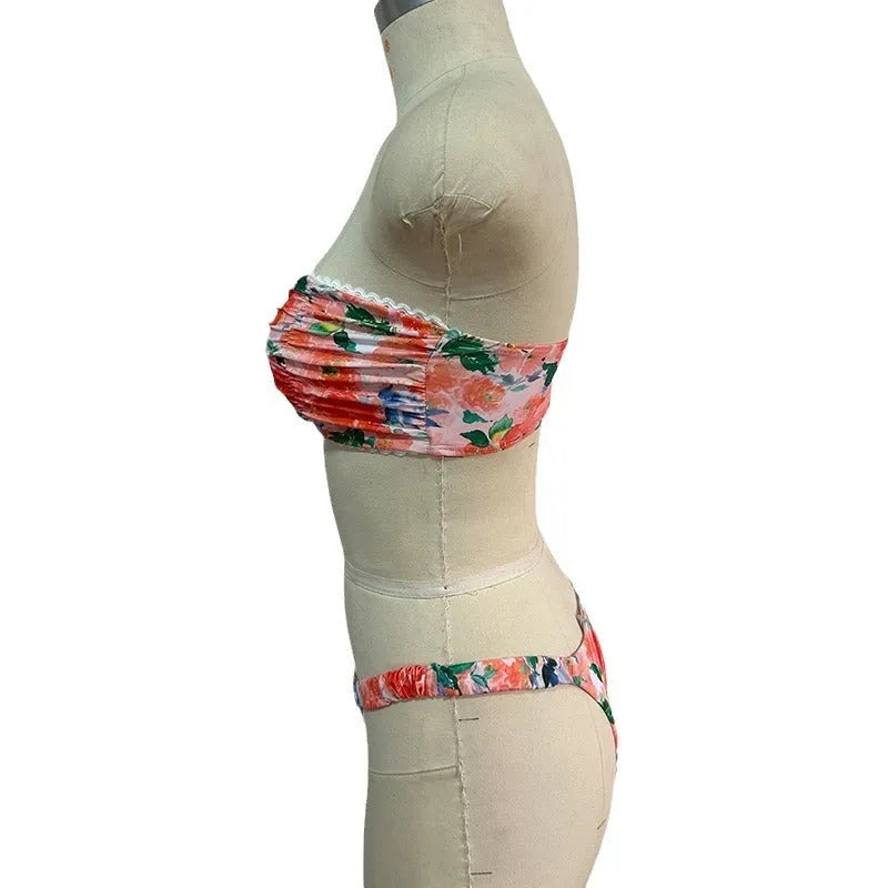 Women's floral lace bikini set with tube top and briefs in blue colour