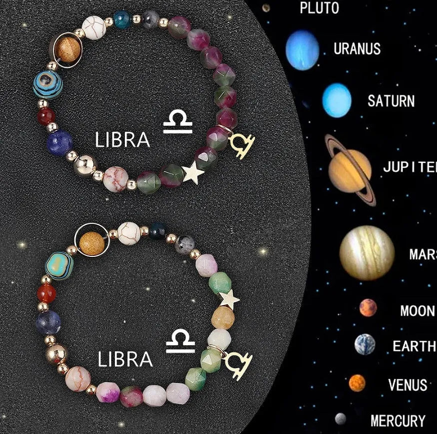 Two natural stone beaded bracelets showcasing zodiac sign designs on a selection card.