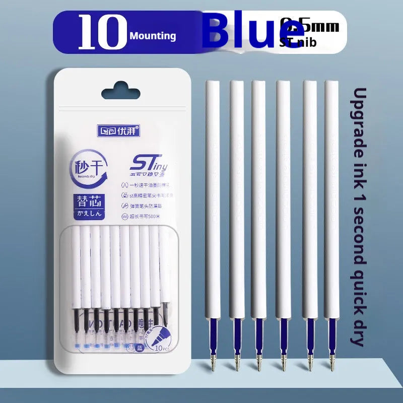 Ten bags of One Second Quick-drying gel pen refill bullets in black, blue, ink blue, and red colours.