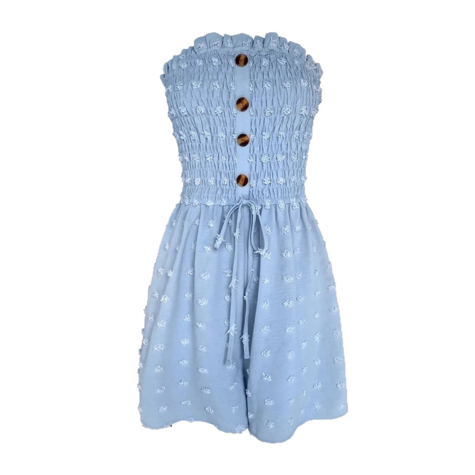 Women's blue off-the-shoulder jumpsuit with sleeveless design and button details