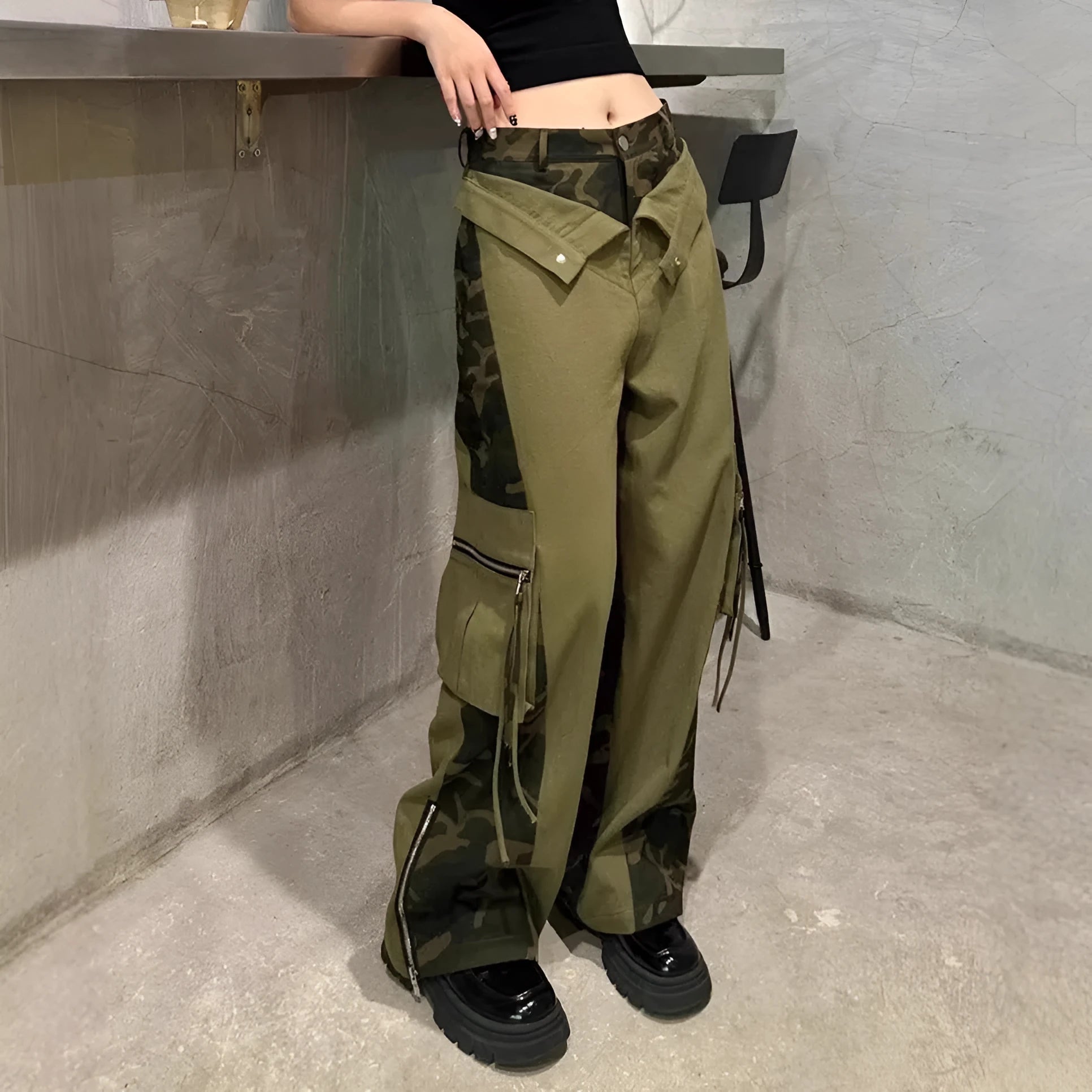 Women's dark khaki high waist straight leg jeans with a leopard print pattern and tooling style stitching detail.