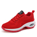 Red and black women's mesh sneakers with front lace-up and round toe on flat PU sole