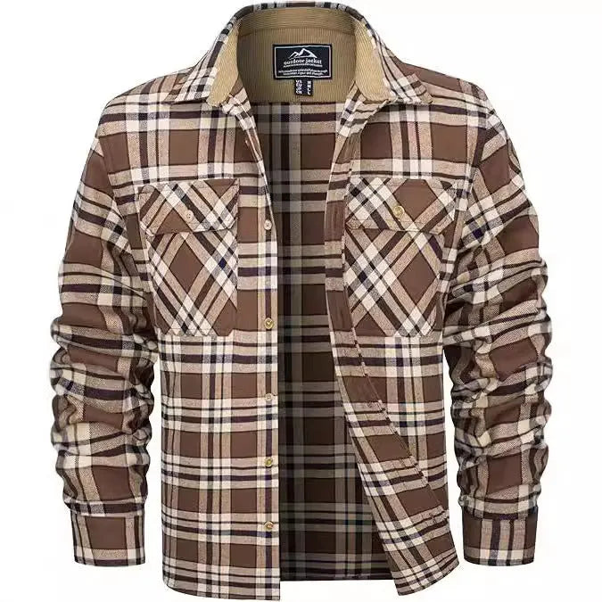 Man wearing a casual orange and black plaid flannel button-down shirt with long sleeves.