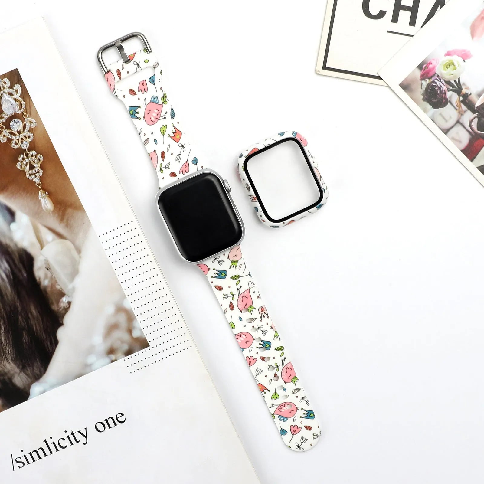 Printed silicone watch strap for Apple Watch showing multiple colourful pattern options.