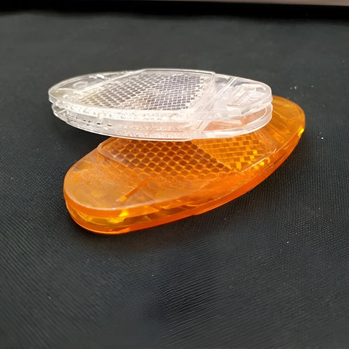 Bicycle spoke reflector set showing four plastic units in yellow colour with dimensions 7.2cm by 3.5cm