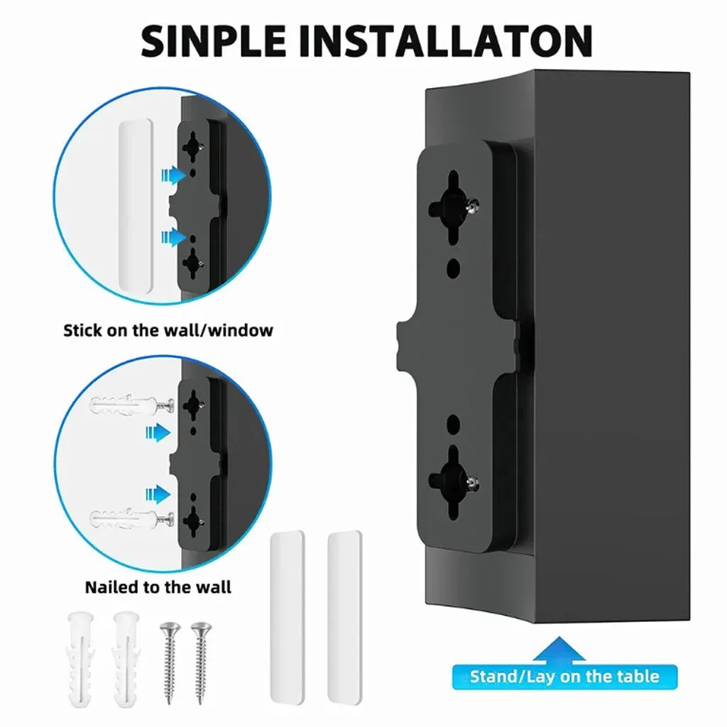 Black plastic digital television antenna with mounting hardware on white background