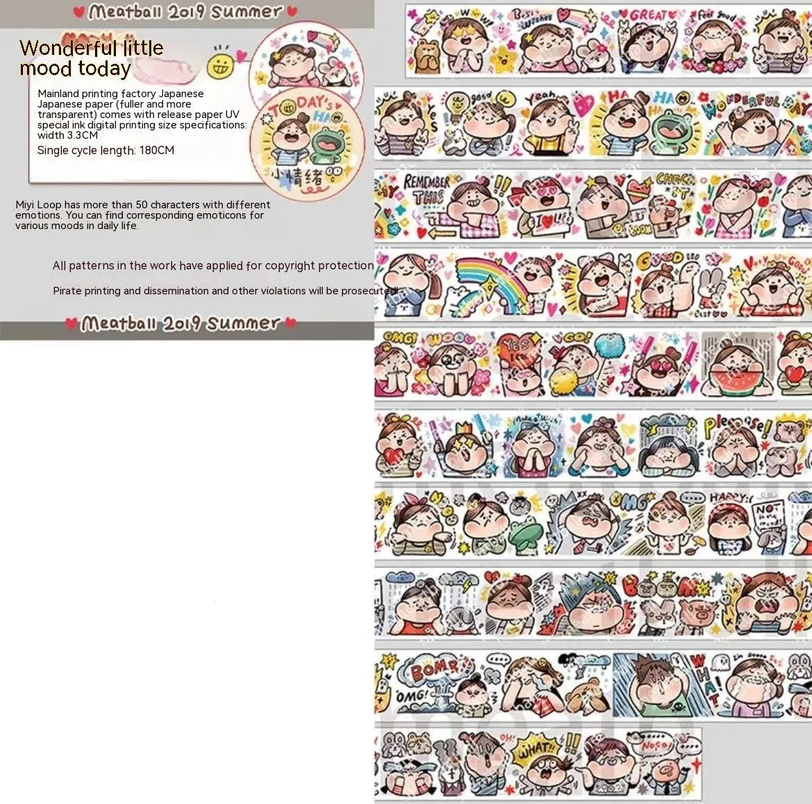 Sheet of cute cartoon character stickers on Japanese paper for haemorrhoid tape packaging and planners.