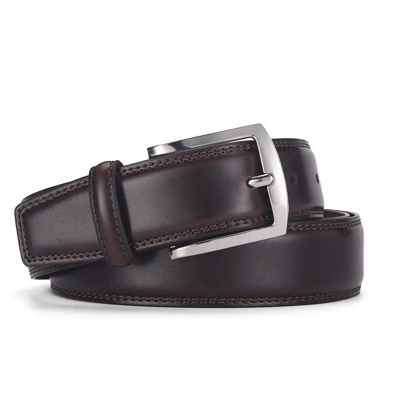 Men's genuine leather belt with alloy pin buckle in classic black showing length measurement and two-layer cowhide construction
