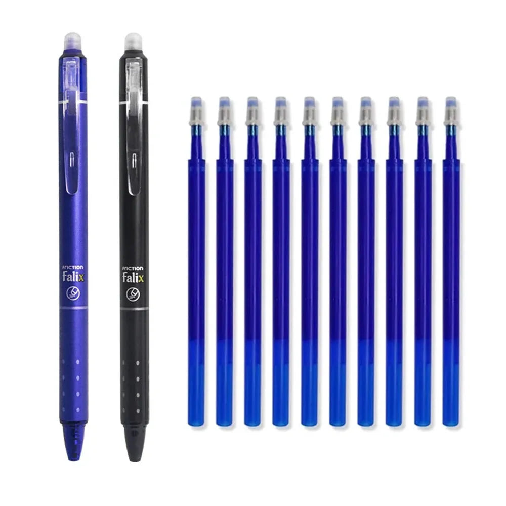 Blue and black erasable gel pens with 0.5mm tips and push-button mechanisms for school use