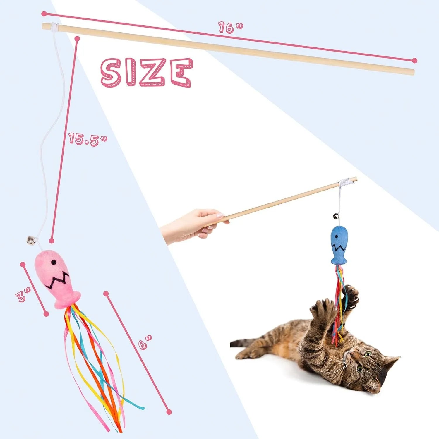 Cat wand toy with wooden handle showing colourful ribbons, catnip fish and bell attachments for interactive feline play