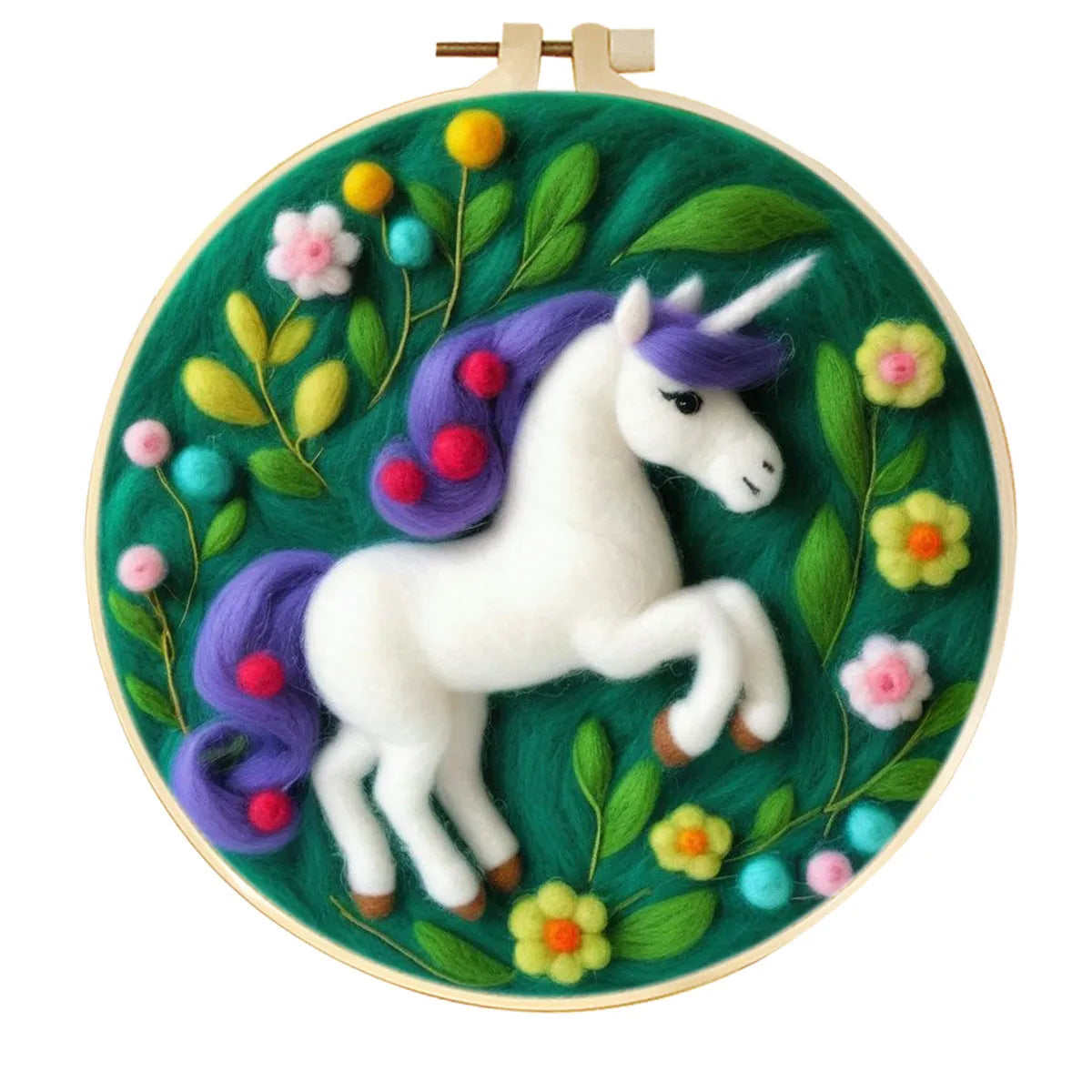 Round linen embroidery kit with wool felt materials for three-dimensional floral design