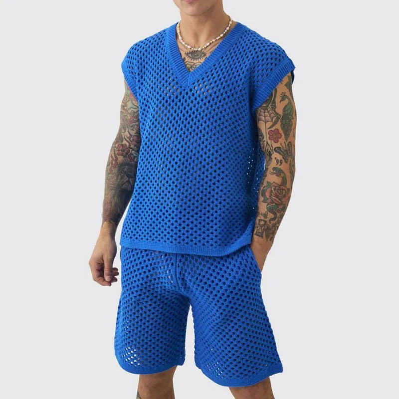 Men's blue knitted V-neck vest and shorts summer sports suit set