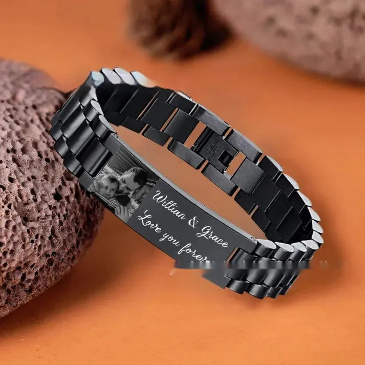 Titanium steel men's bracelet with curved heart shape and electroplated lettering in gift box