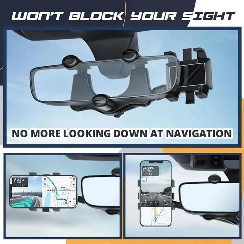 Black rearview mirror phone holder with telescopic arm and 360-degree rotation mechanism