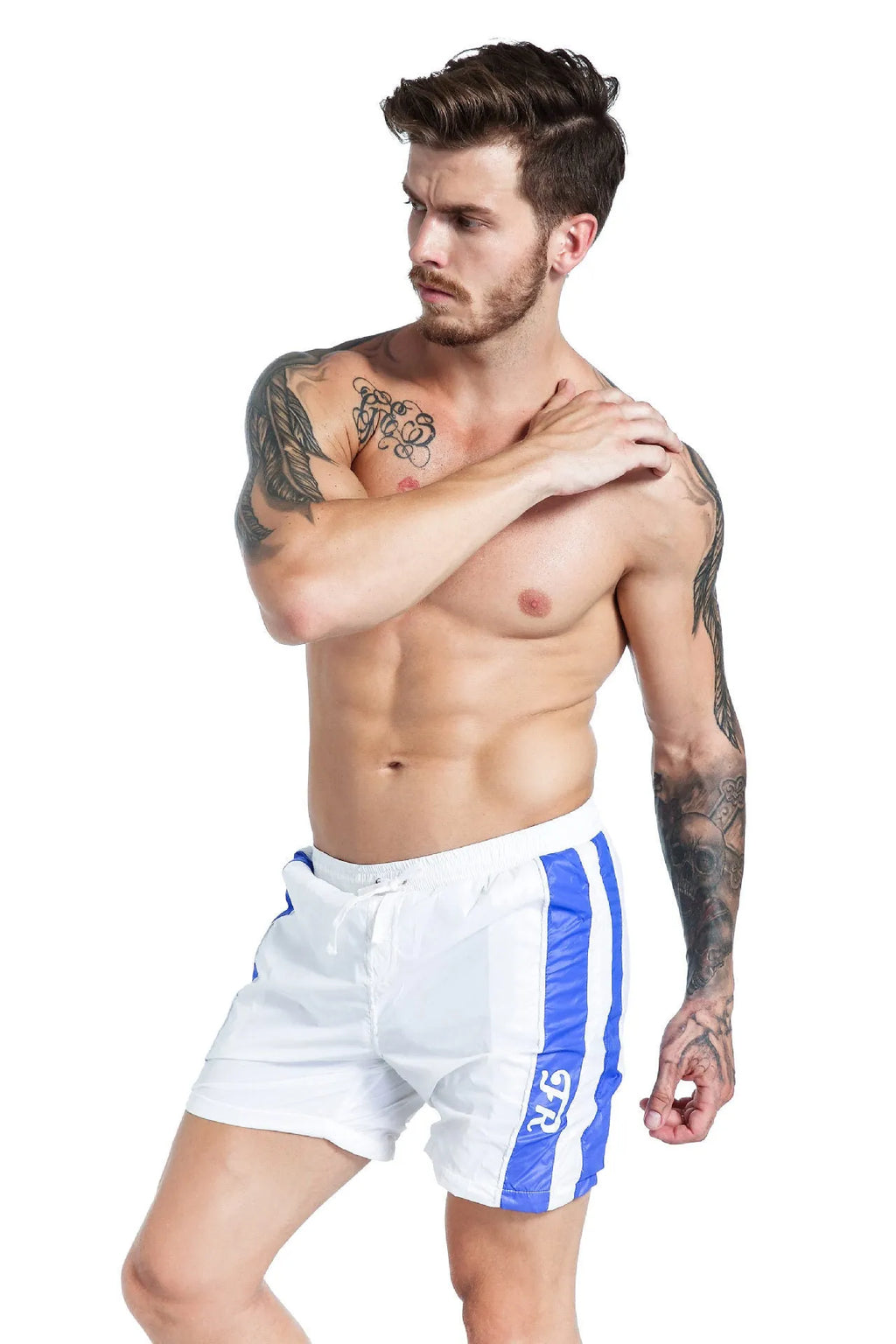 Men's blue lace-up sports shorts with padding and slim fit styling for athletic activities