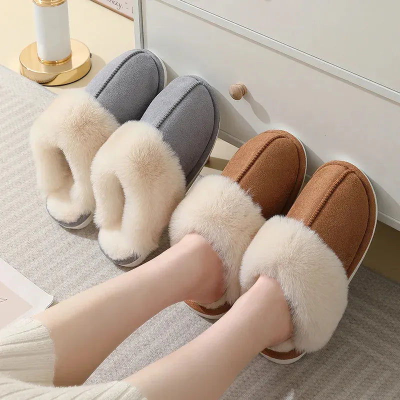 Women's brown plush slippers with round toe, flat heel, and anti-slip PVC sole.