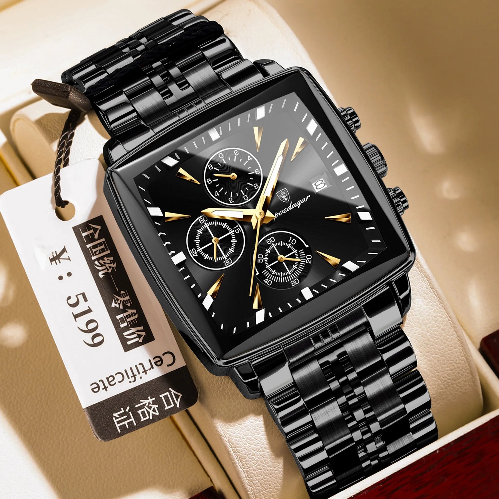 Square men's business quartz watch with stainless steel strap and butterfly buckle