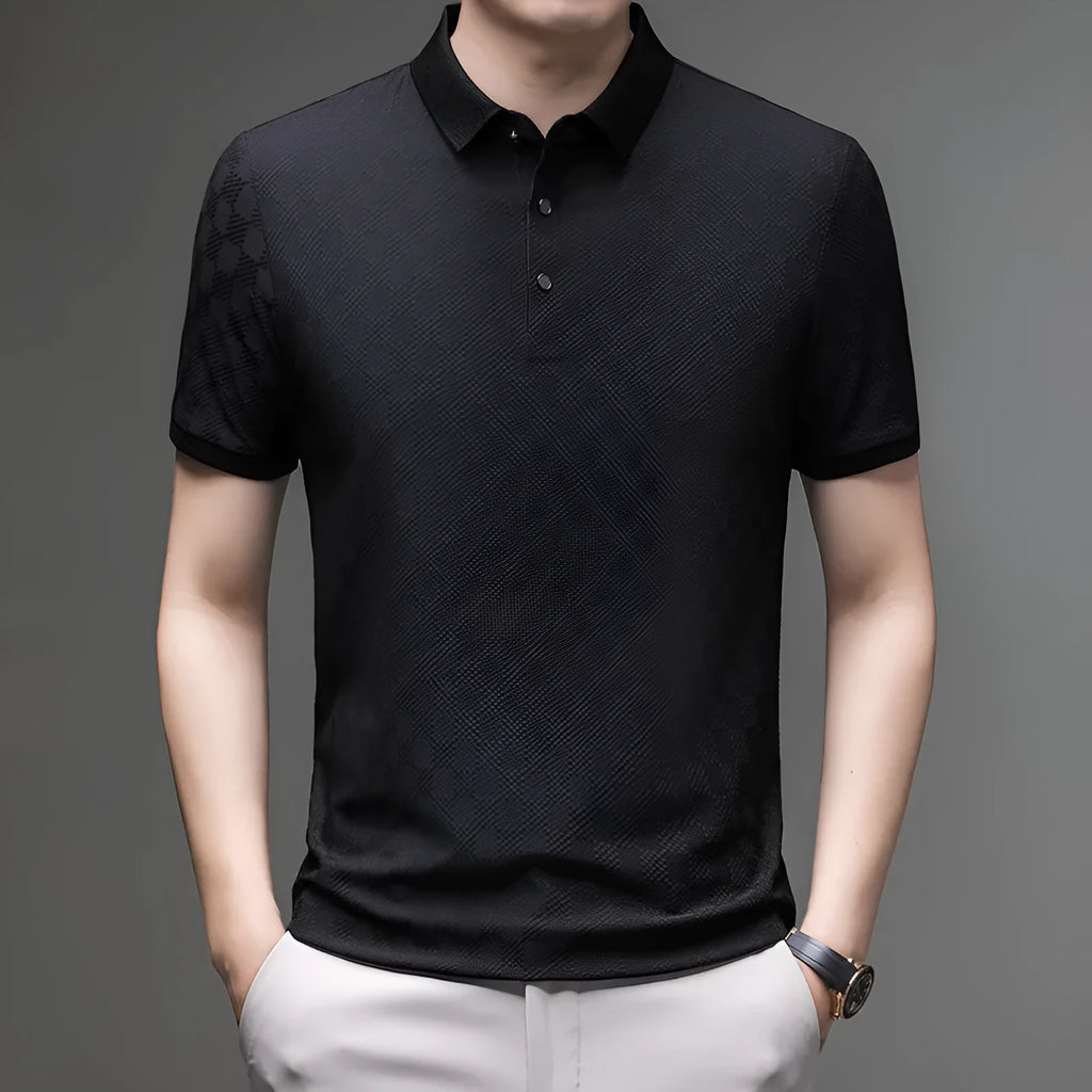 Men's black thin ice silk T-shirt with a rhombus pattern and slit detail on the front.