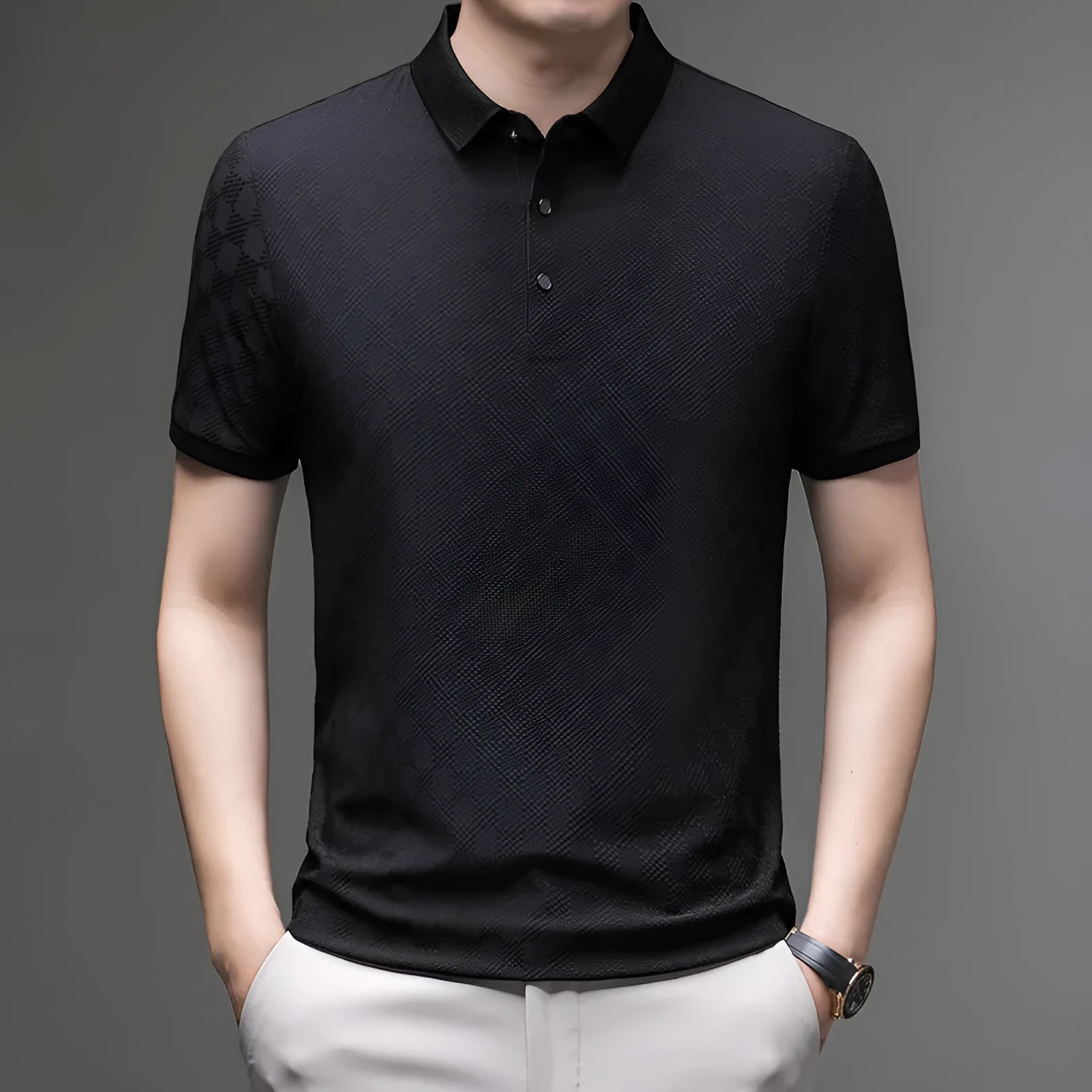 Men's black thin ice silk T-shirt with a rhombus pattern and slit detail on the front.