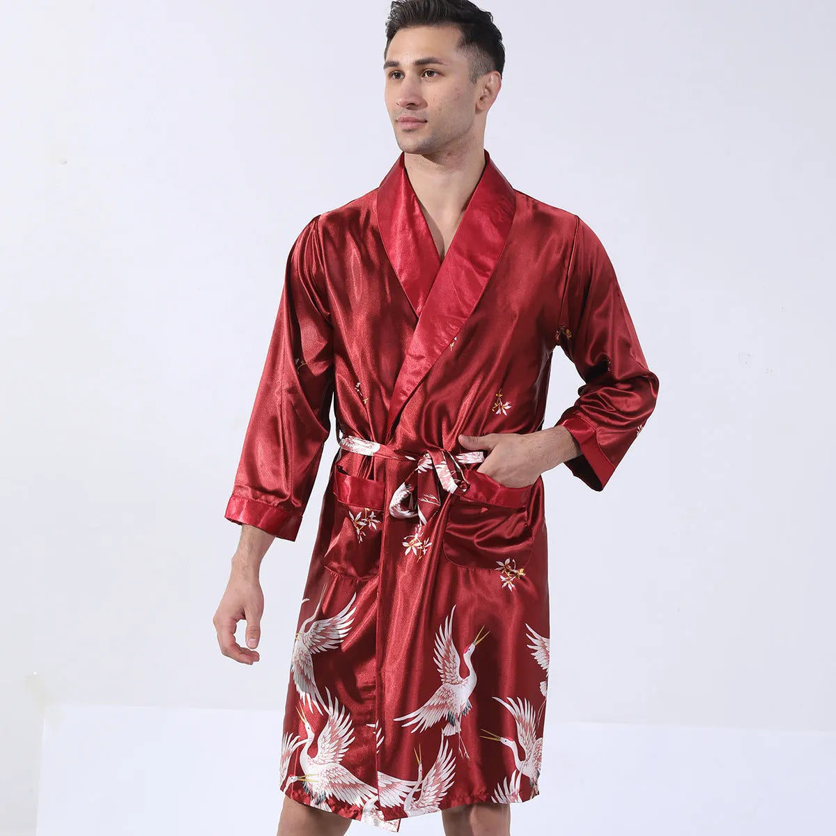Men's rayon silk bathrobe nightgown with Asian continental sizing in multiple colour options