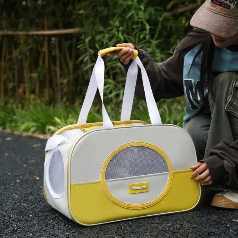 Outdoor portable foldable cat backpack in Oxford cloth, showing large capacity and breathable design.