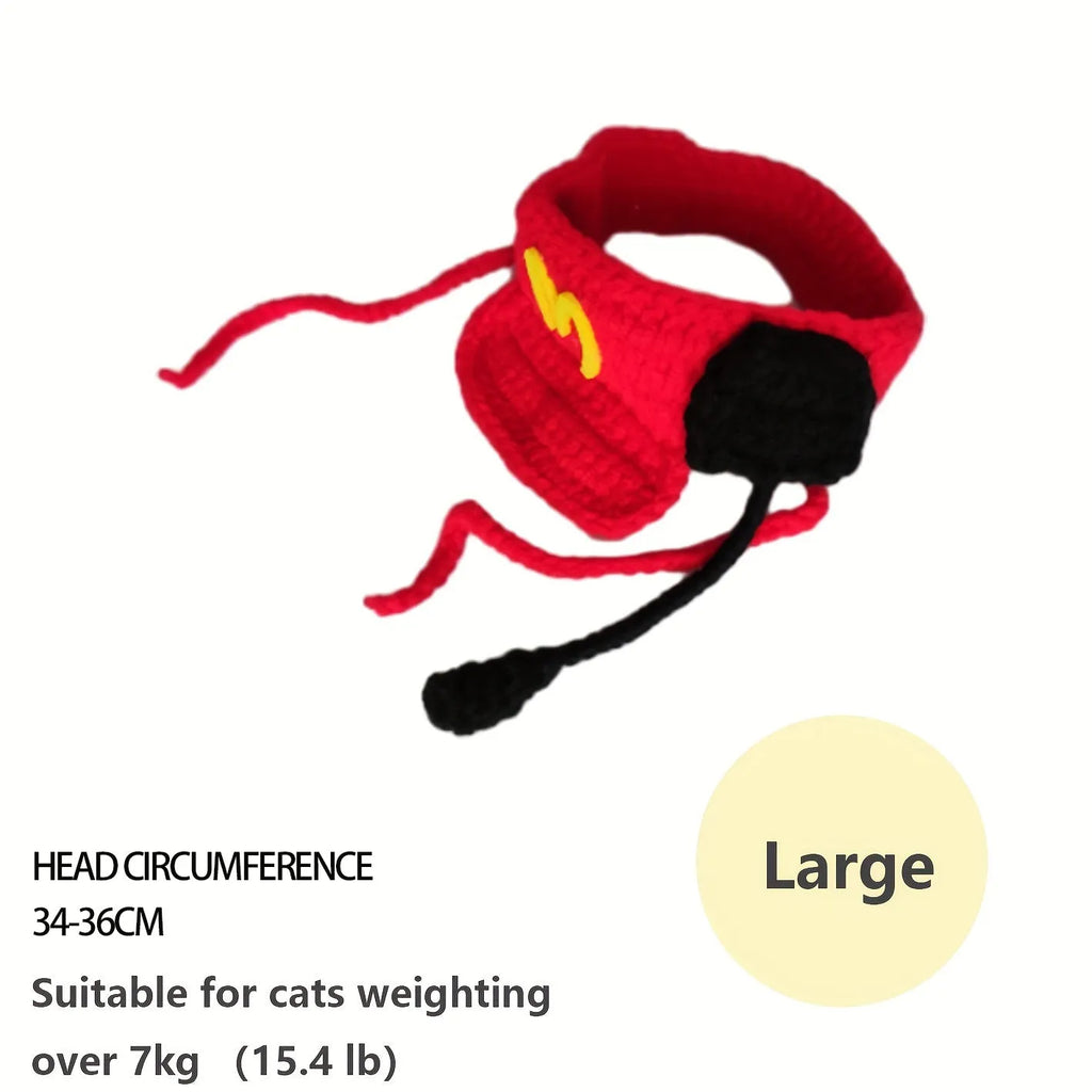 Handmade knitted cotton sweater and chef hat costume on a small cat or dog