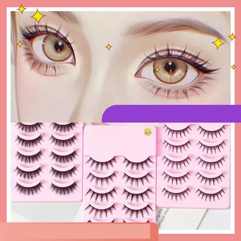 Set of 5 pairs natural wispy false eyelashes with black plastic base for Korean makeup and cosplay.