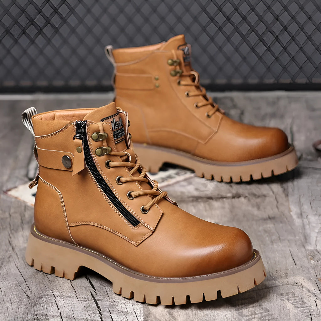 Men's brown high-top Martin boots with side zipper, round toe, and mid-calf length