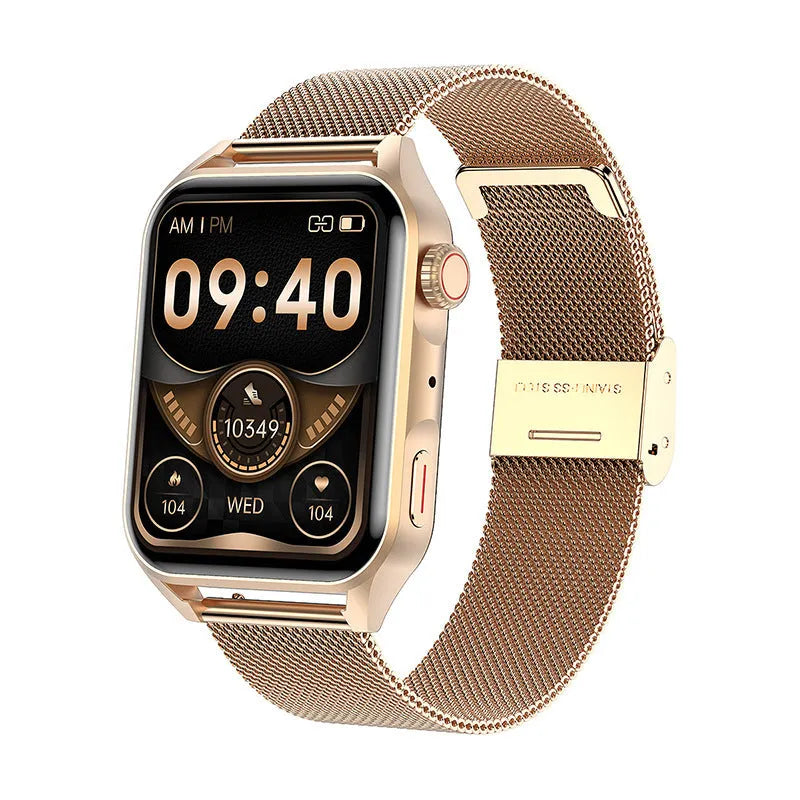 Smart watch with AMOLED screen and stainless steel case on silicone wrist strap