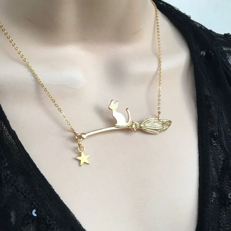 Black cat zodiac alloy necklace pendant in gold or silver Halloween jewellery