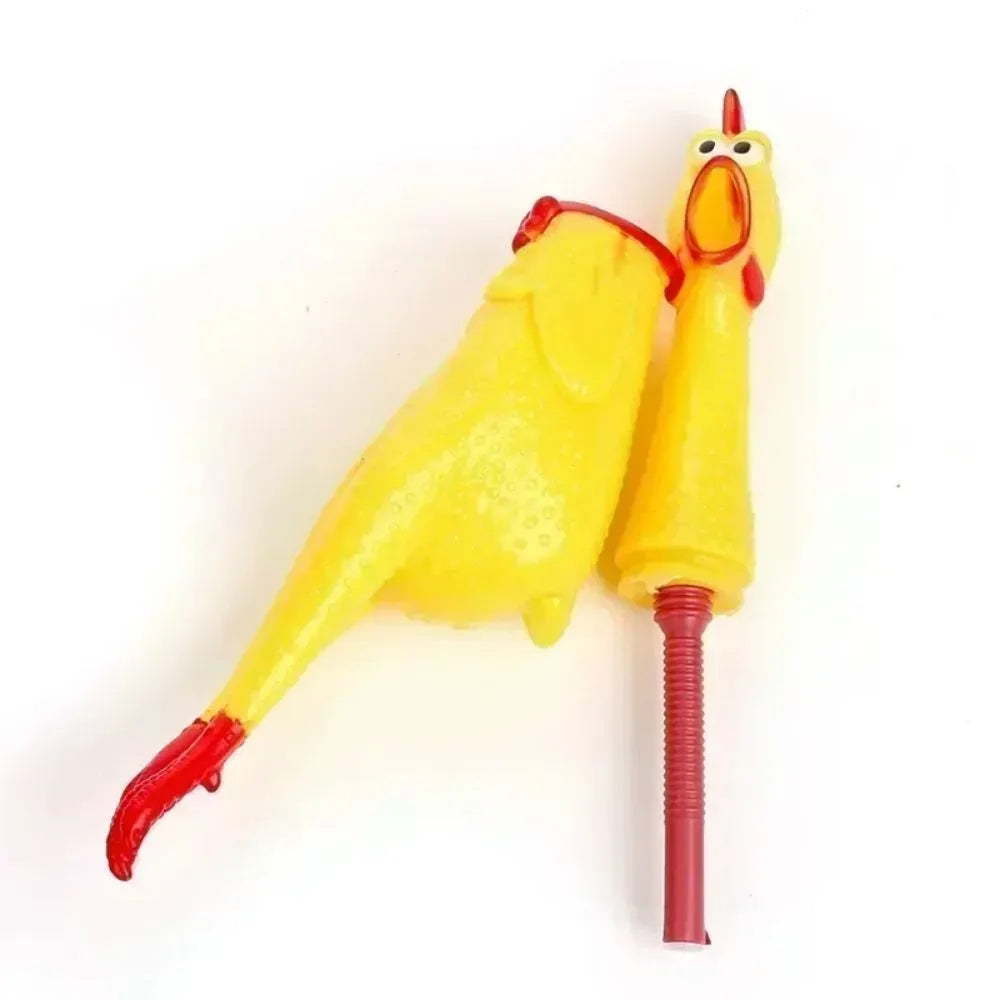 Yellow rubber Screaming Chicken squeaky dog chew toy shown in small, medium, and large sizes.