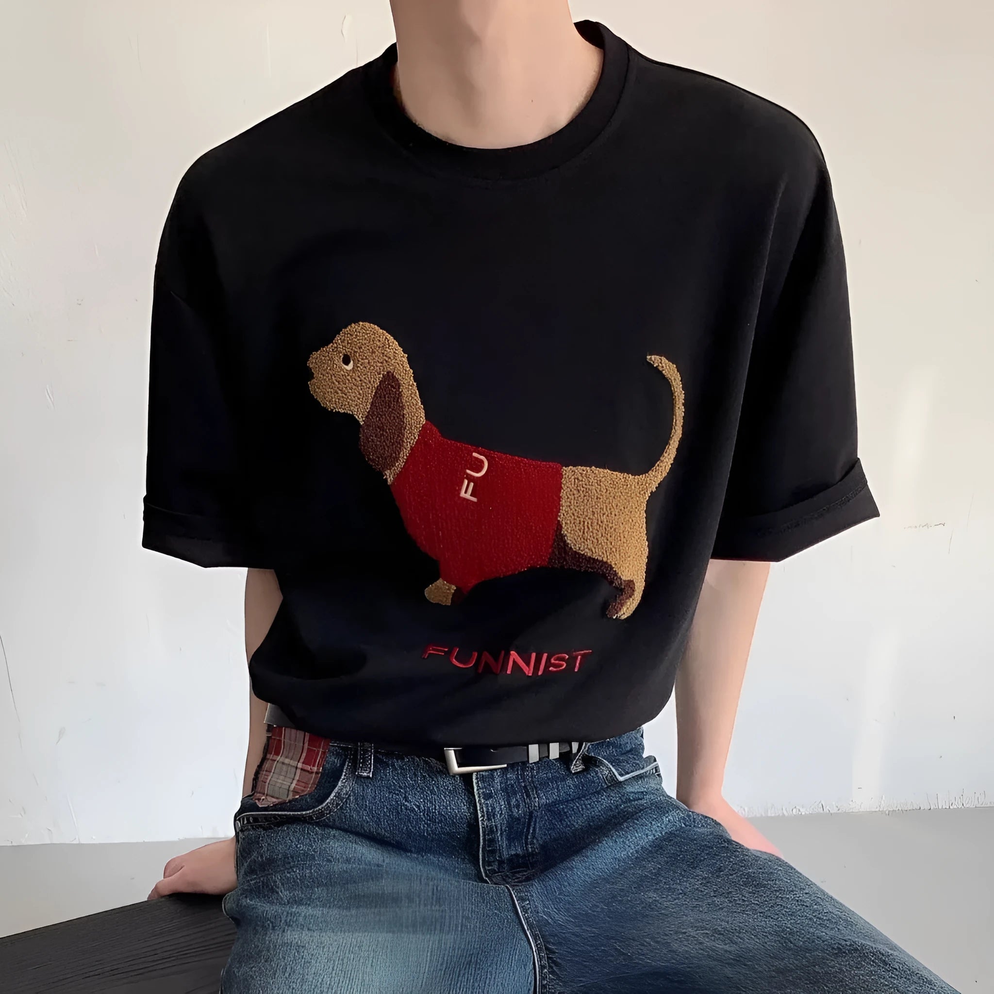 Grey men's t-shirt with embroidered sausage dog in a towel design on the front.