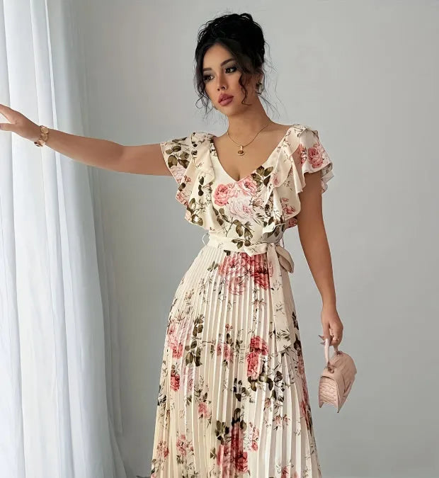 Apricot floral print women's dress with V-neck, ruffled sleeves, high waist, and long swing skirt